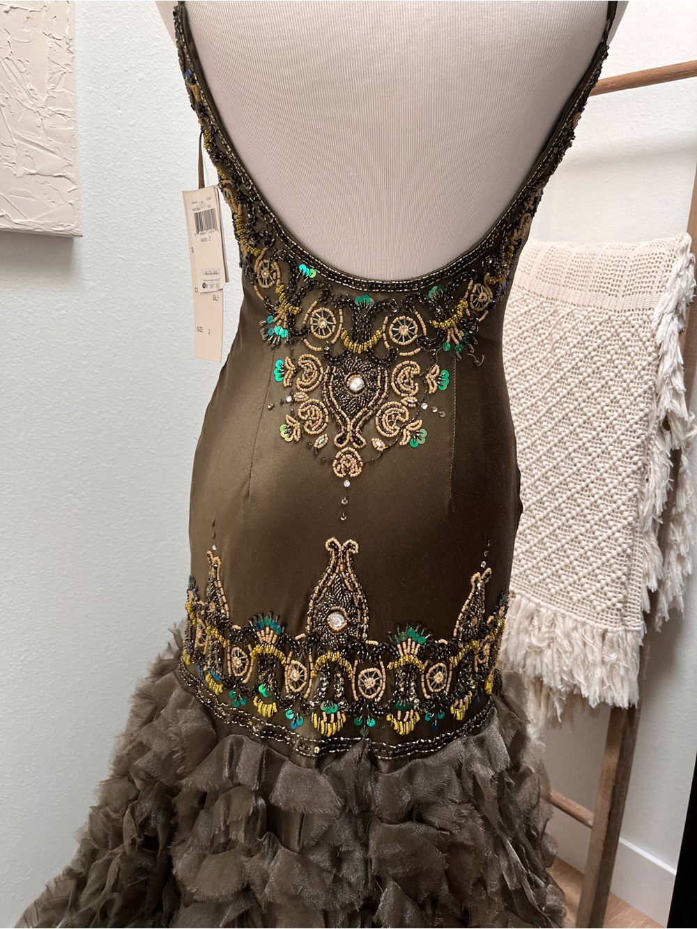 Sue Wong Olive Green Ruffled Mermaid Evening Dress - Picture 5 of 11